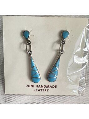 Zuni Sterling Silver Turquoise Inlay Dangle Earrings Angus Ahiyite Signed